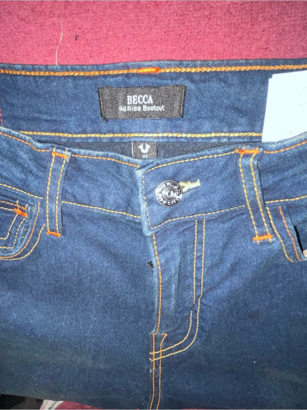 True Religion Dark Blue Bootcut Jeans with Orange Stitching